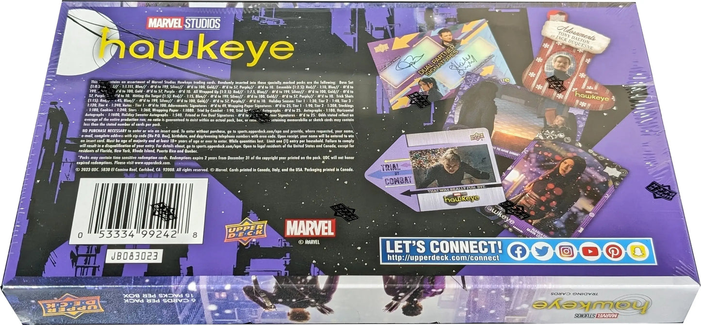 2023 Upper Deck Marvel Hawkeye Hobby Box showcasing trading cards and chase cards artwork