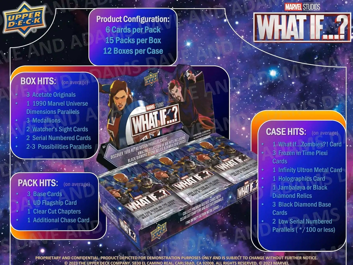 Marvel Studios What If trading card boxes in the 2023 Upper Deck Hobby Box display