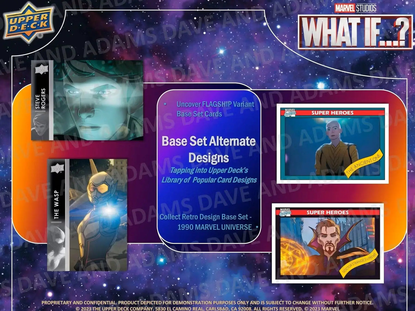 Marvel Studios What If trading cards from 2023 Upper Deck Hobby Box on display
