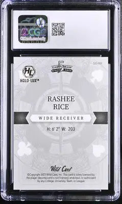 Rashee Rice football card from 2023 Wild Card 5 Stacked Rashee Rice Orange Rainbow promo