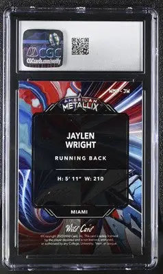 Graded Wild Card American Metallix Jaylen Wright football card in blue and white style
