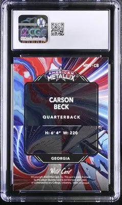 Graded Carson Beck football card featuring Blue Rainbow Metallix Carson Beck design