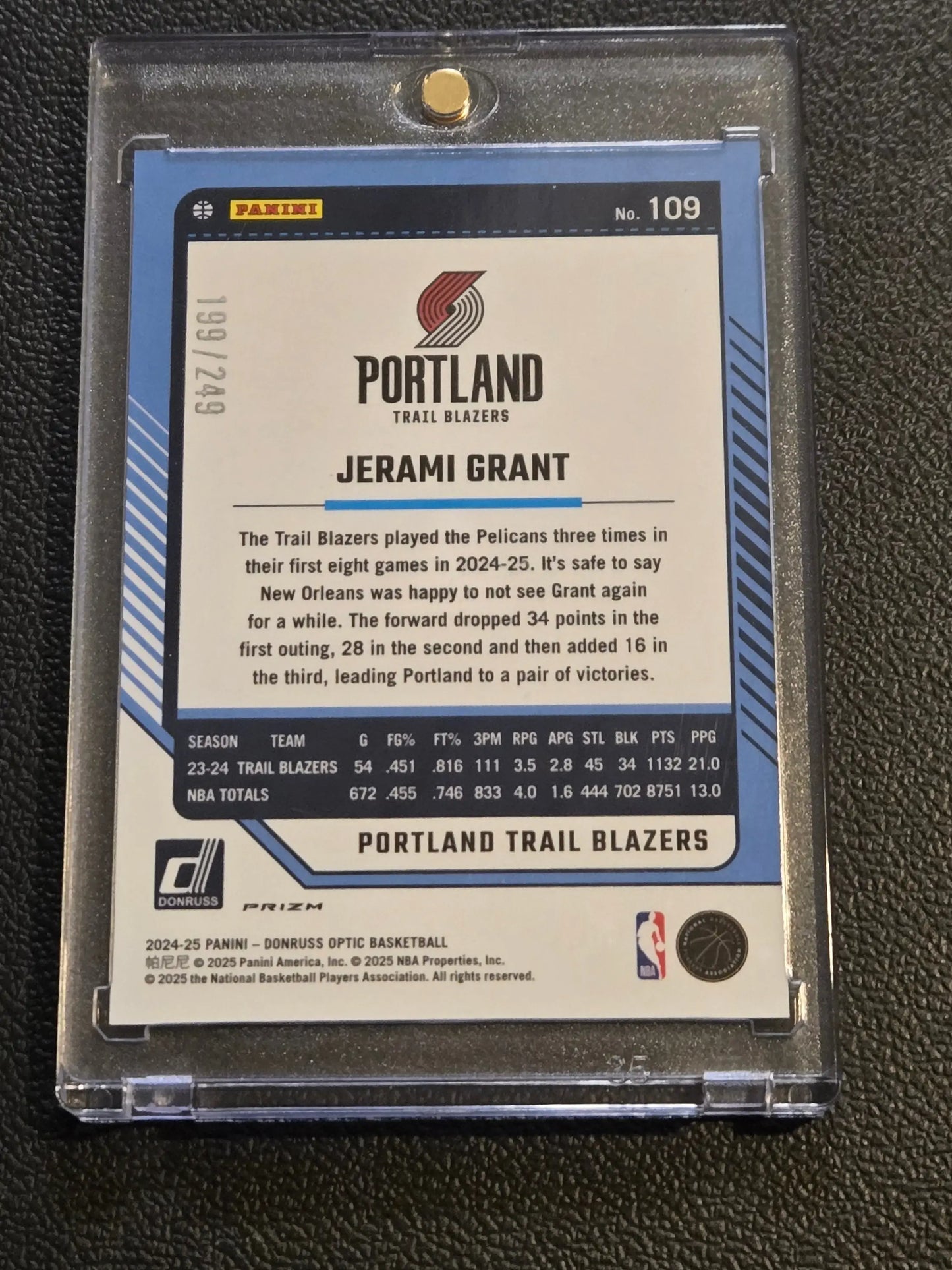 Autographed Jerami Grant basketball trading card in protective case from 2024-25 Donruss Optic Grant Premium Box