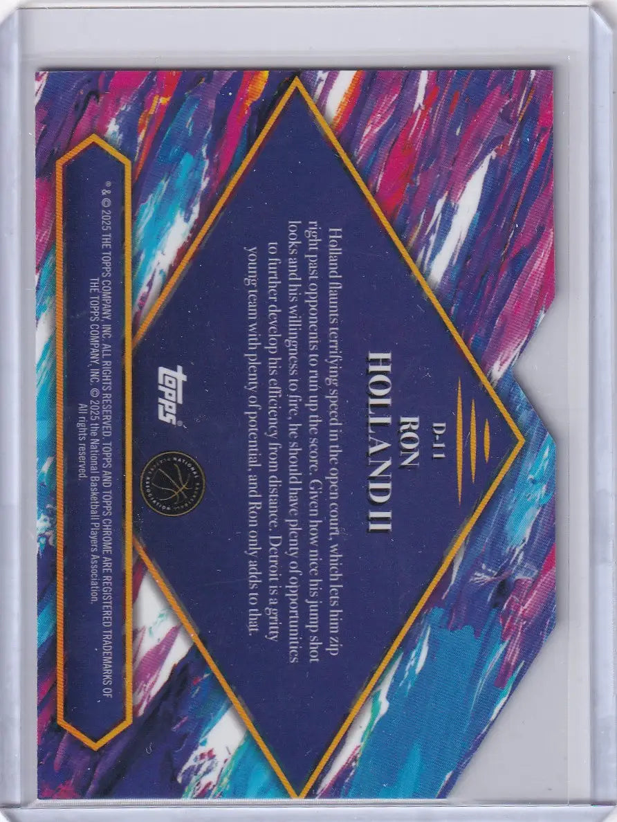 Ron Holland II basketball debut trading card with dark blue diamond, colorful background