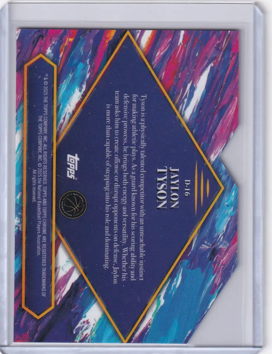 Back of 2024-25 Finest Basketball Debut Jaylon Tyson card showcasing skills and player details