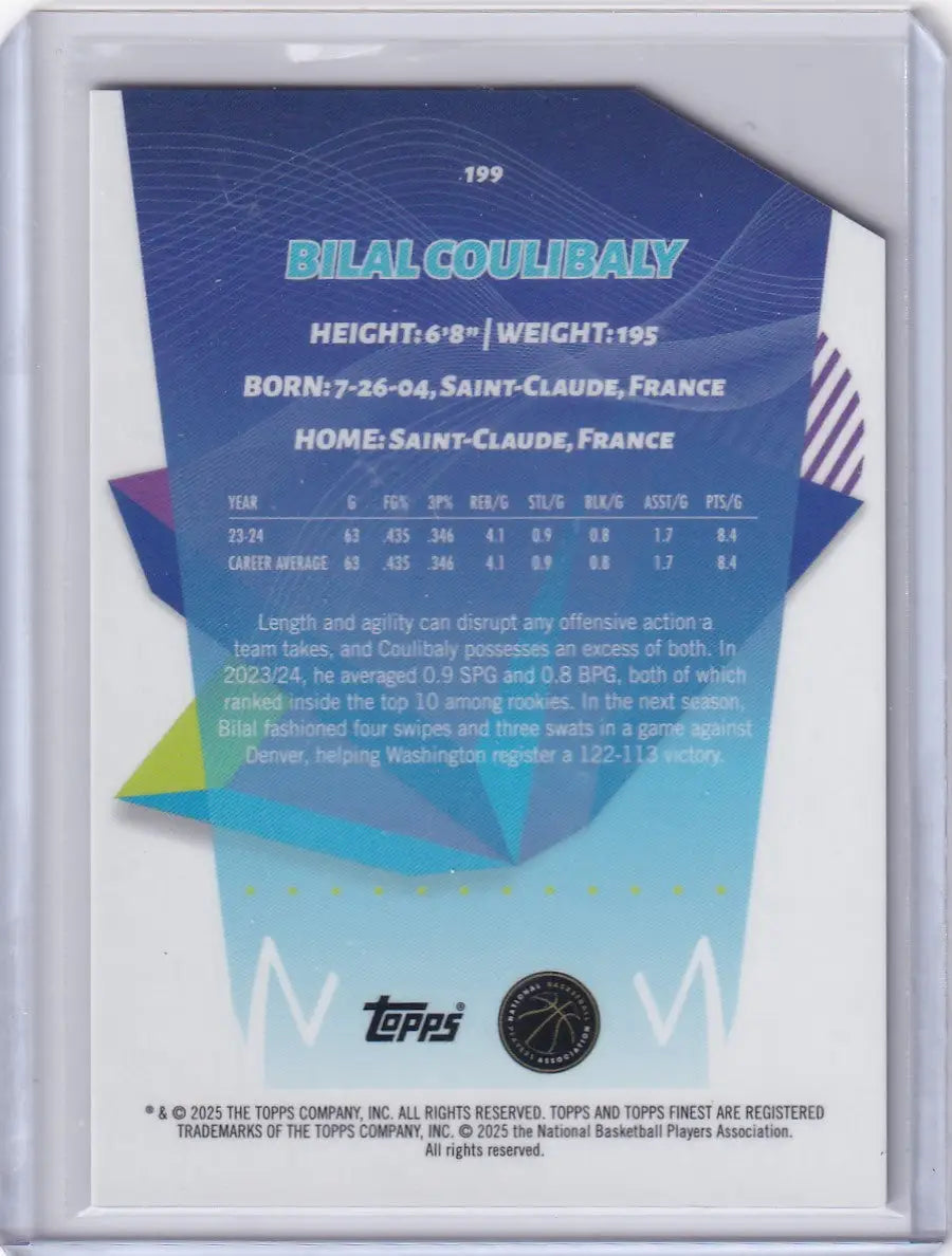 Back of Bilal Coulibaly basketball card from 2024-25 Finest Basketball Die Cut series