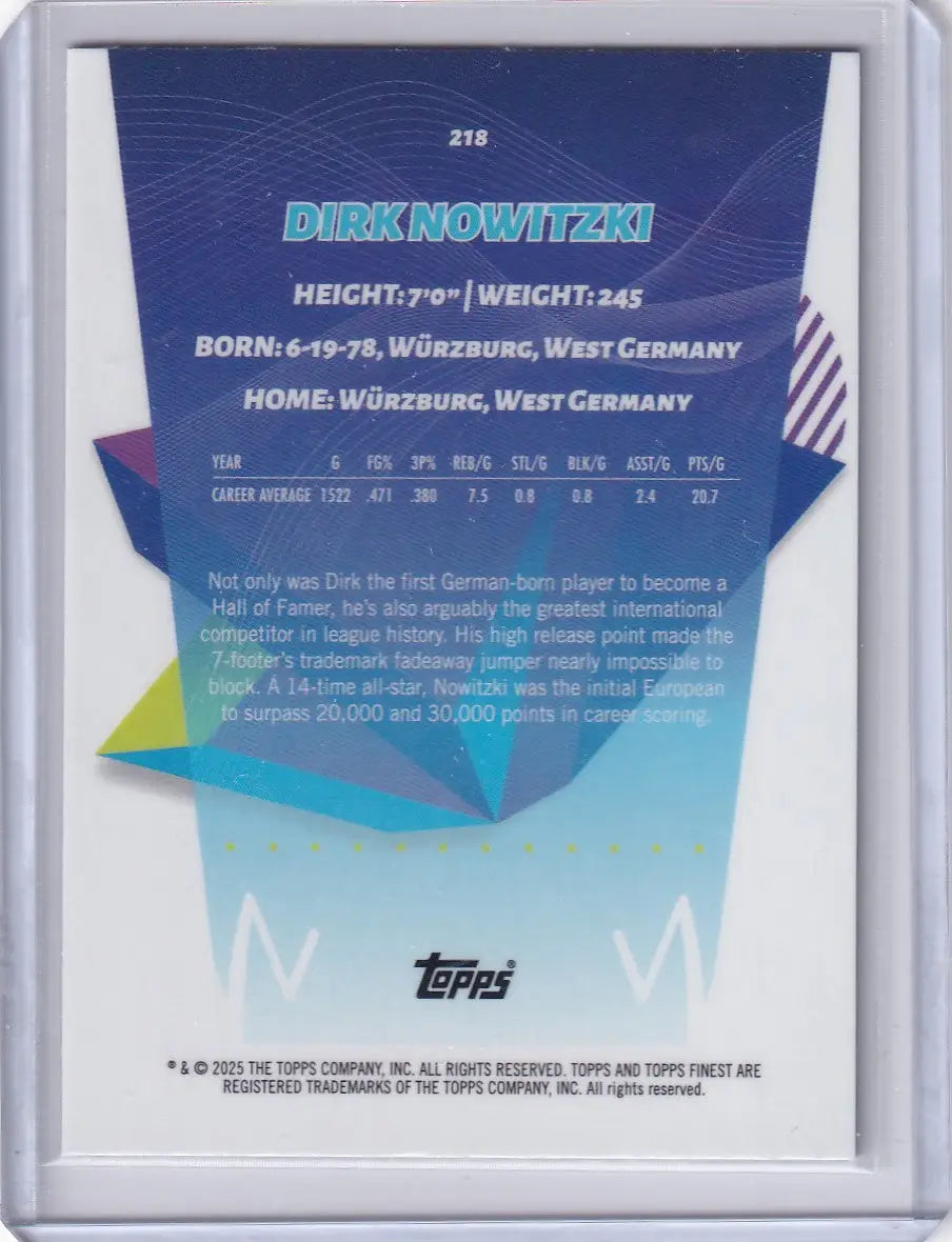 Collectible Dirk Nowitzki basketball purple trading card from 2024-25 Finest Basketball Purple series