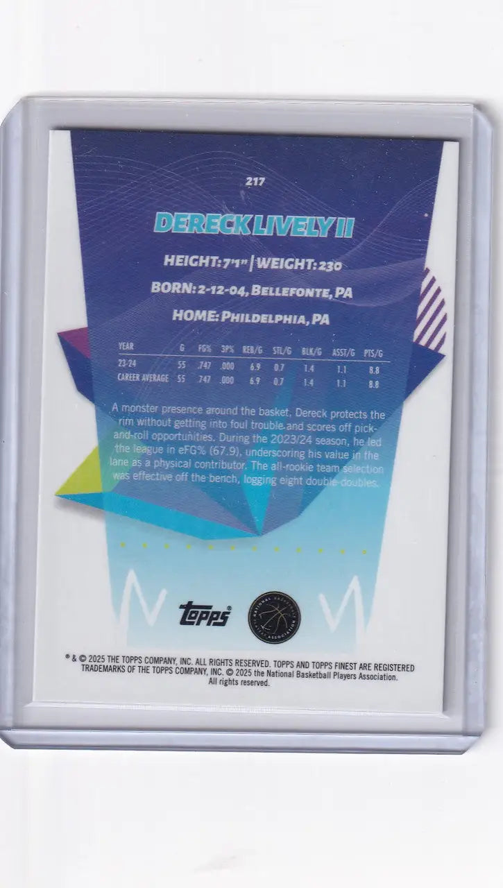 Back of Dereck Lively II basketball trading card from 2024-25 Finest Basketball Purple series
