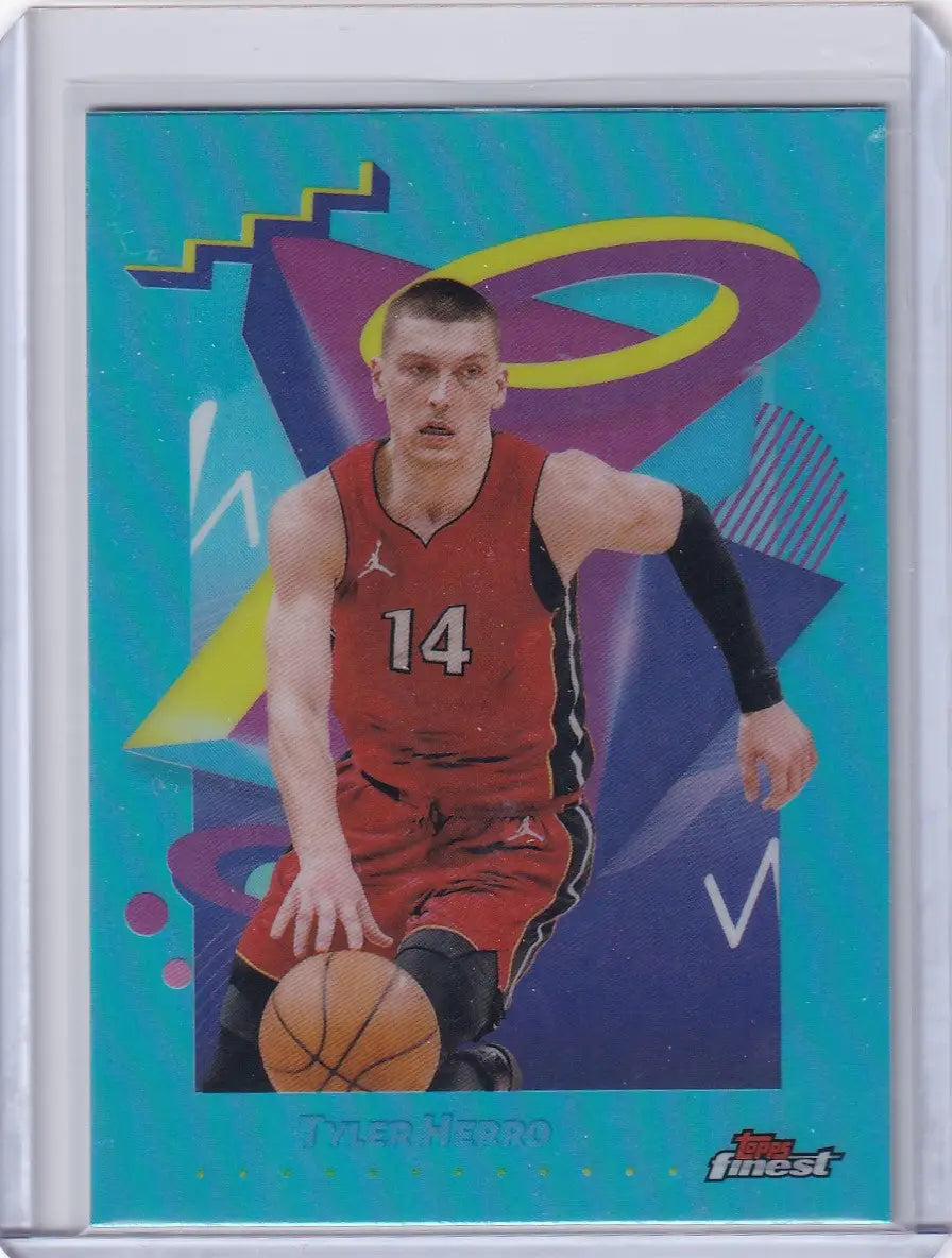 Basketball trading card featuring Tyler Herro in a red jersey from 2024-25 Finest Basketball Sky Blue series