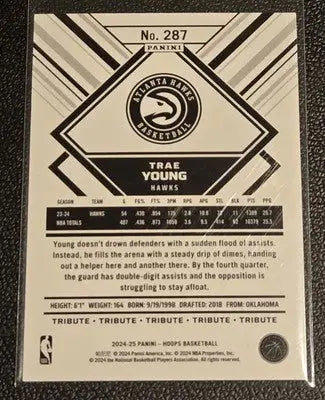 Trae Young basketball card from 2024-25 Hoops set featuring young basketball star