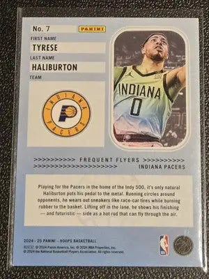 2024-25 Hoops Tyrese Haliburton Frequent Flyers basketball card featuring Haliburton frequent flyers