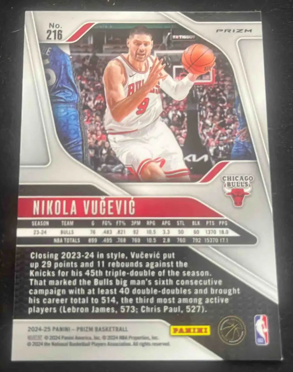 2024-25 Panini Basketball Prizm Nikola Vucevic Green #216 Chicago Bulls card with stats