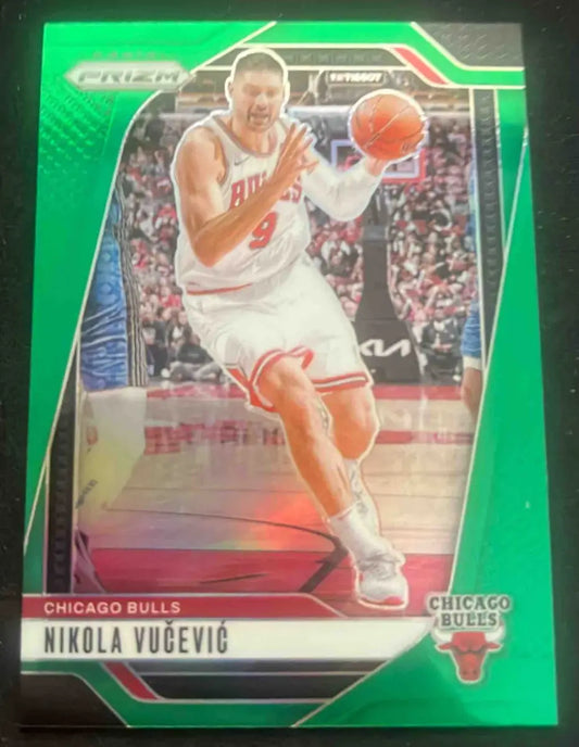Green Panini Basketball Prizm Nikola Vucevic trading card featuring Nikola Vučević of Chicago Bulls
