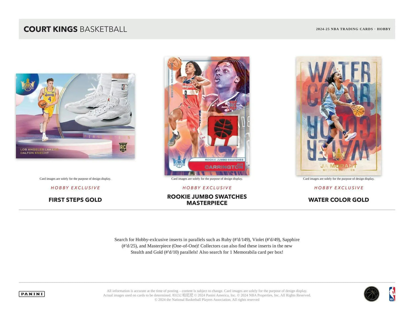 Basketball trading cards from 2024-25 Panini Court Kings Hobby Box featuring memorabilia card and rookie jumbo swatches