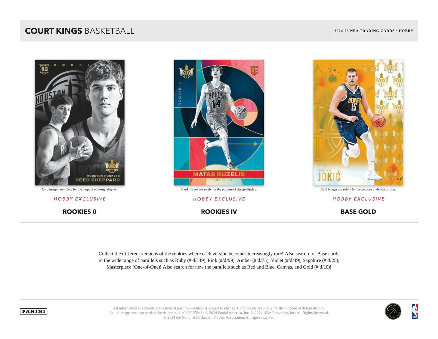 Basketball trading cards from 2024-25 Panini Court Kings Hobby Box including memorabilia and rookie jumbo swatches