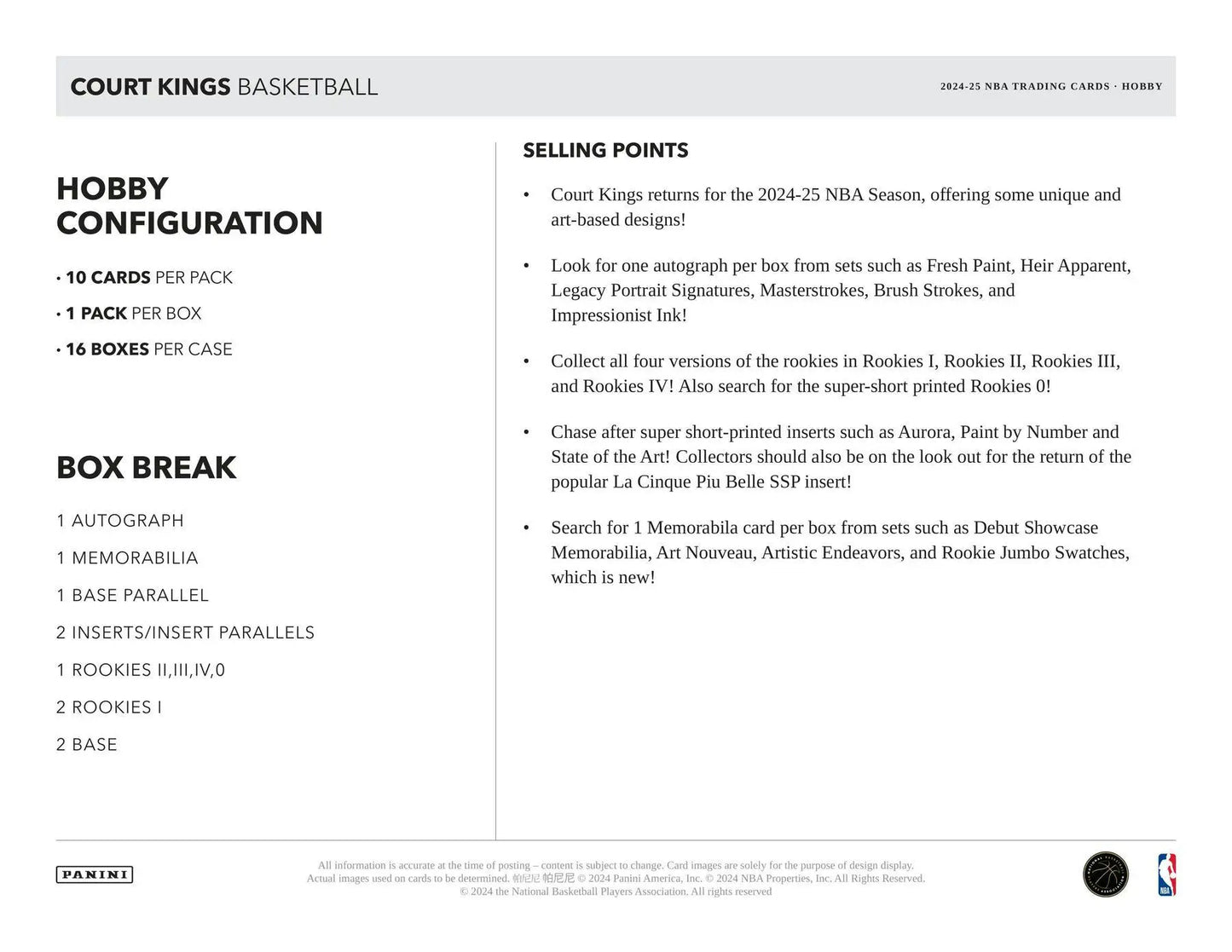 2024-25 Panini Court Kings Basketball Hobby Box with memorabilia card and rookie jumbo swatches