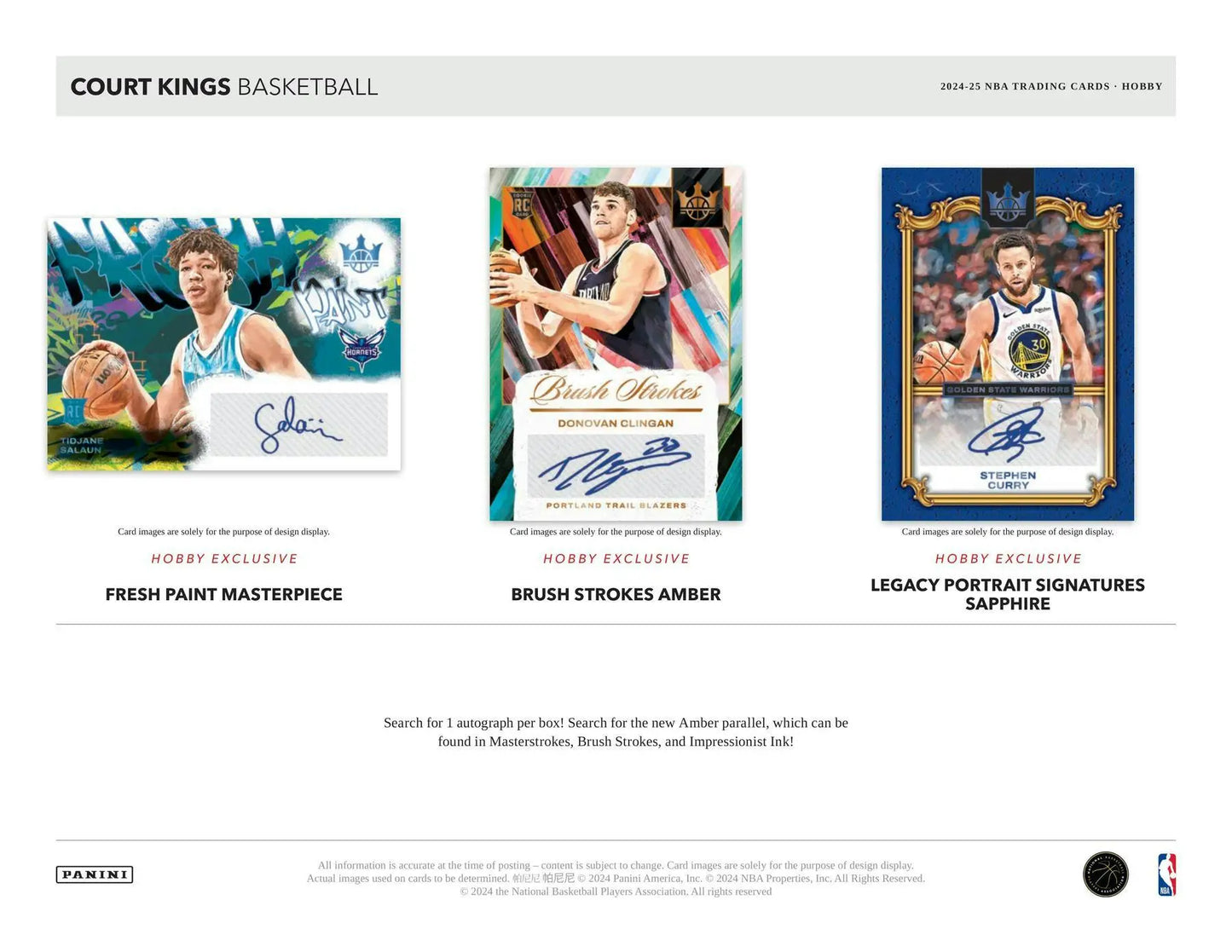 Basketball trading cards from 2024-25 Panini Court Kings Hobby Box featuring memorabilia card and rookie jumbo swatches