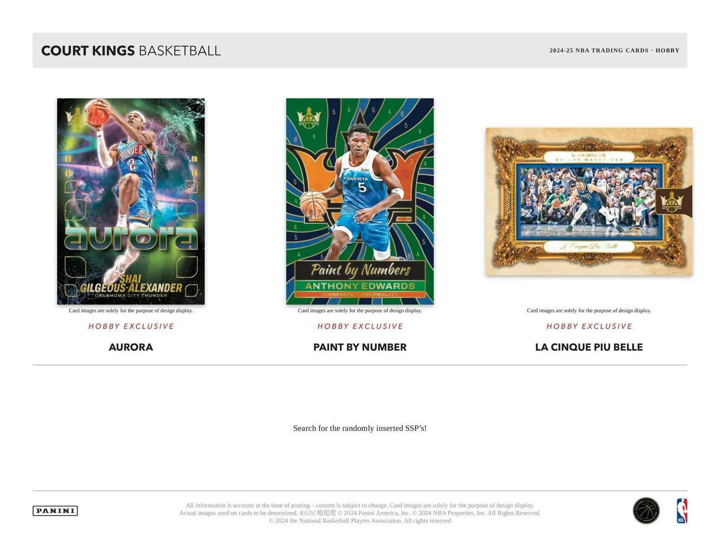 Basketball trading cards from 2024-25 Panini Court Kings Hobby Box featuring memorabilia card and rookie jumbo swatches