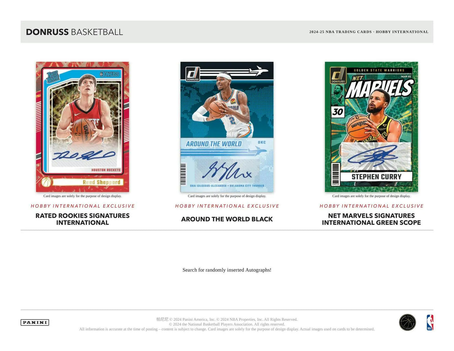 Three collectible NBA trading cards with autographs from Panini Donruss Basketball International Hobby Box