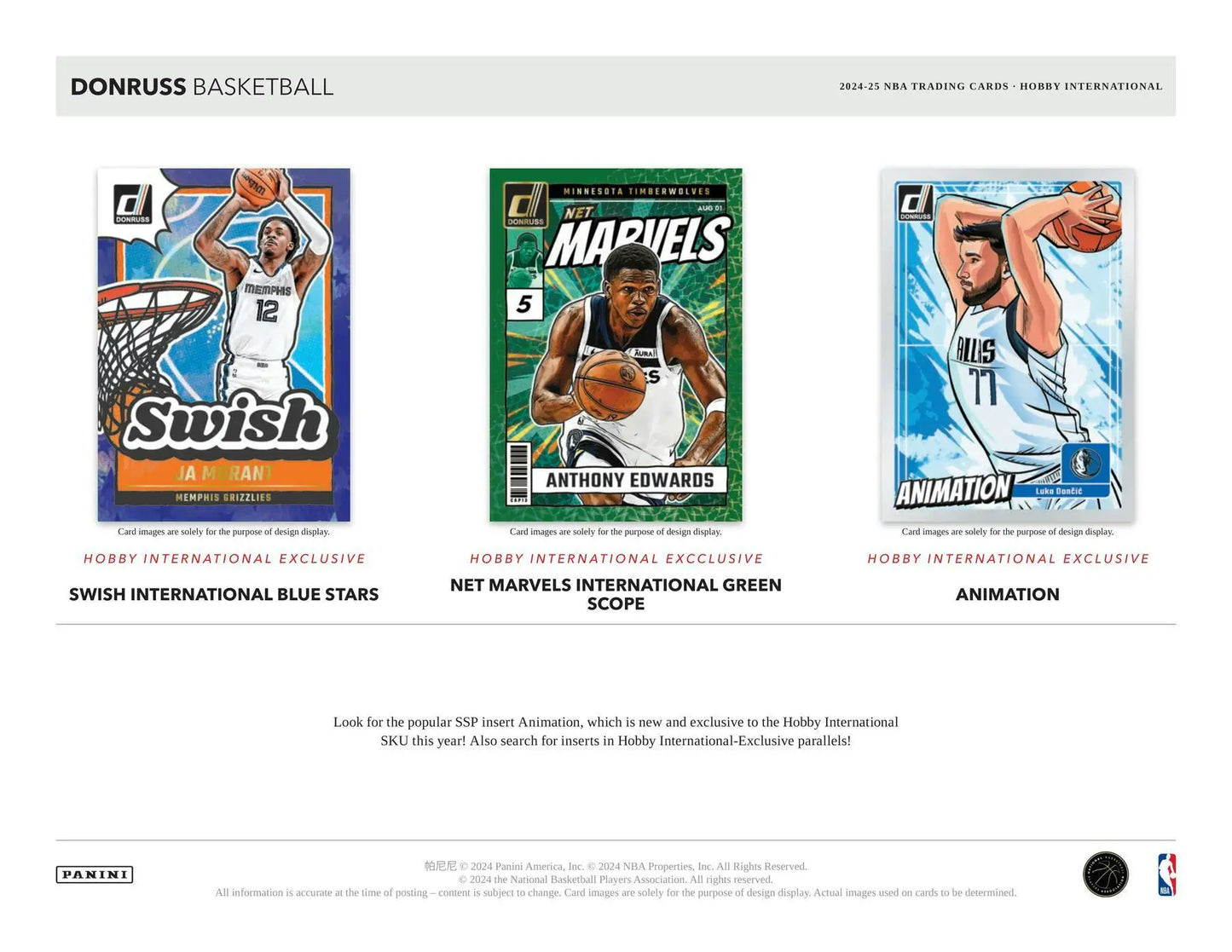 Three collectible Panini Donruss Basketball trading cards from the 2024-25 International Hobby Box