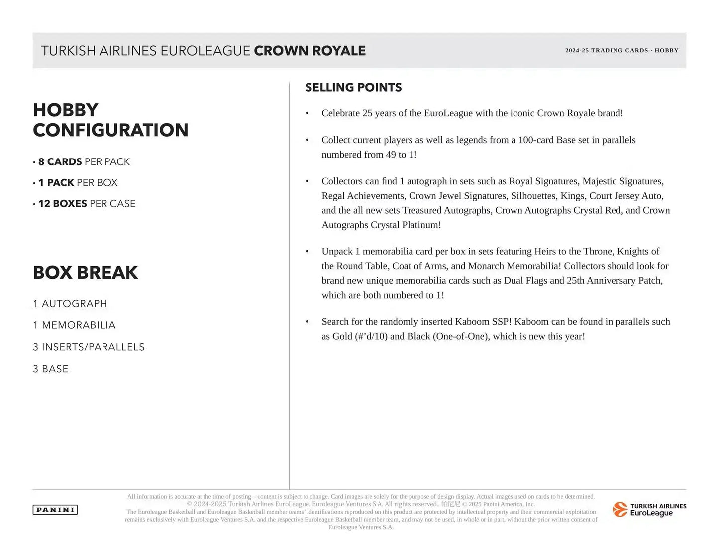 Euroleague Crown Royale basketball hobby box featuring Crown Royale game configuration and selling points