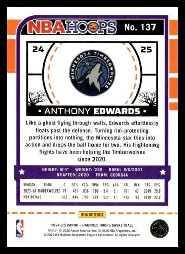 Original gloss Panini Haunted Hoops Orange Pumpkins trading card of Anthony Edwards 2024-25