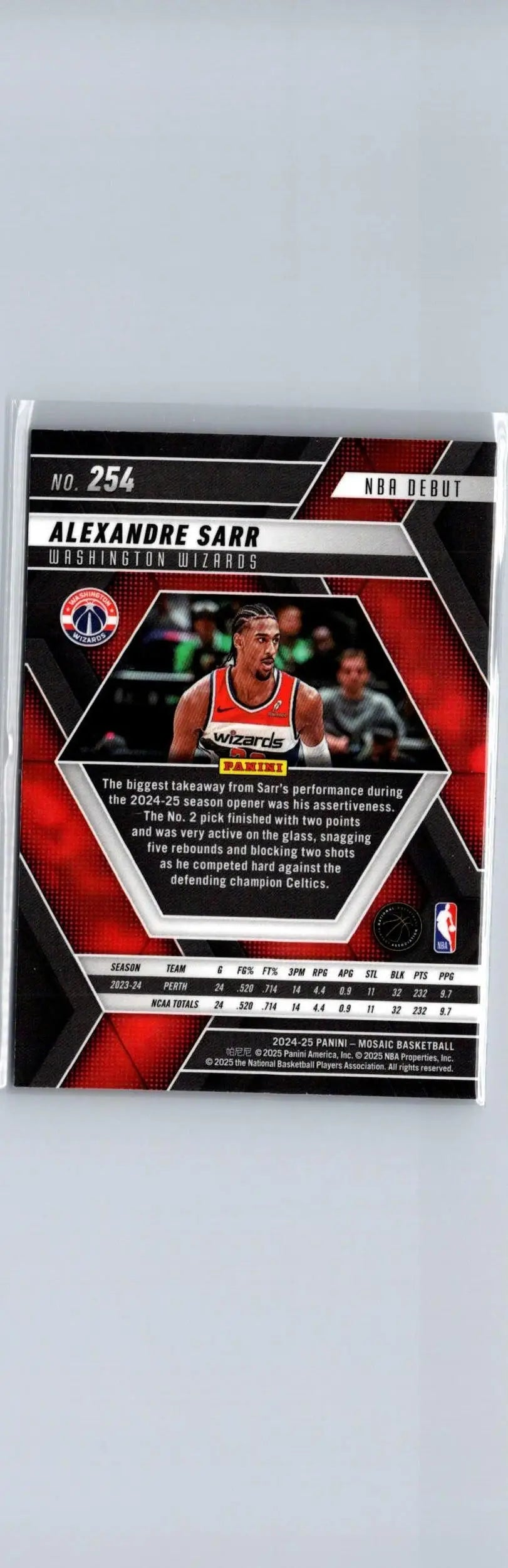 Basketball trading card of Alexandre Sarr for Washington Wizards in Panini Mosaic 2024-25