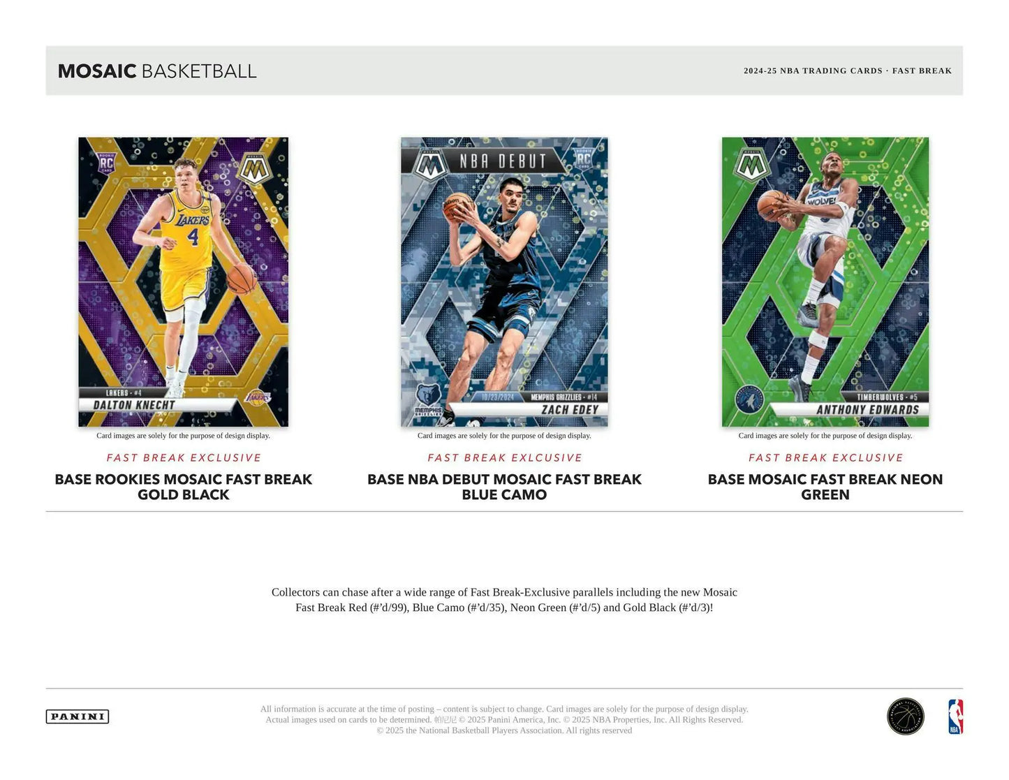 Three Fast Break Exclusive Mosaic Basketball trading cards featuring NBA players in the 2024-25 Panini Mosaic Fast Break Box