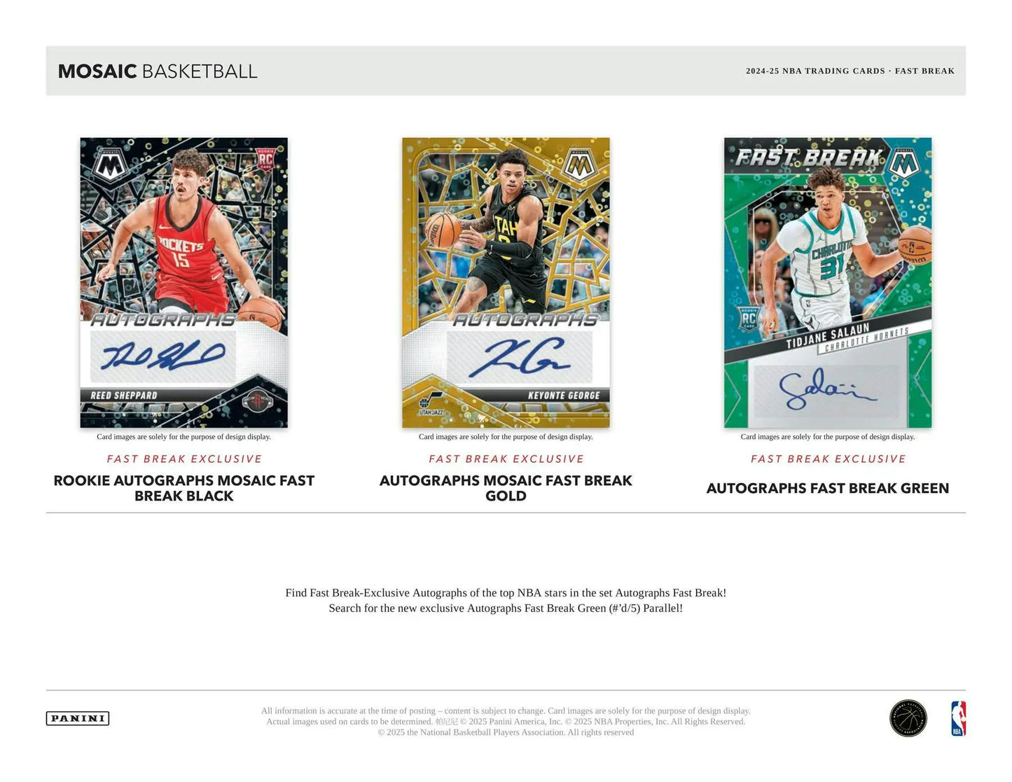 Three collectible NBA basketball trading cards with autographs from Mosaic Fast Break series