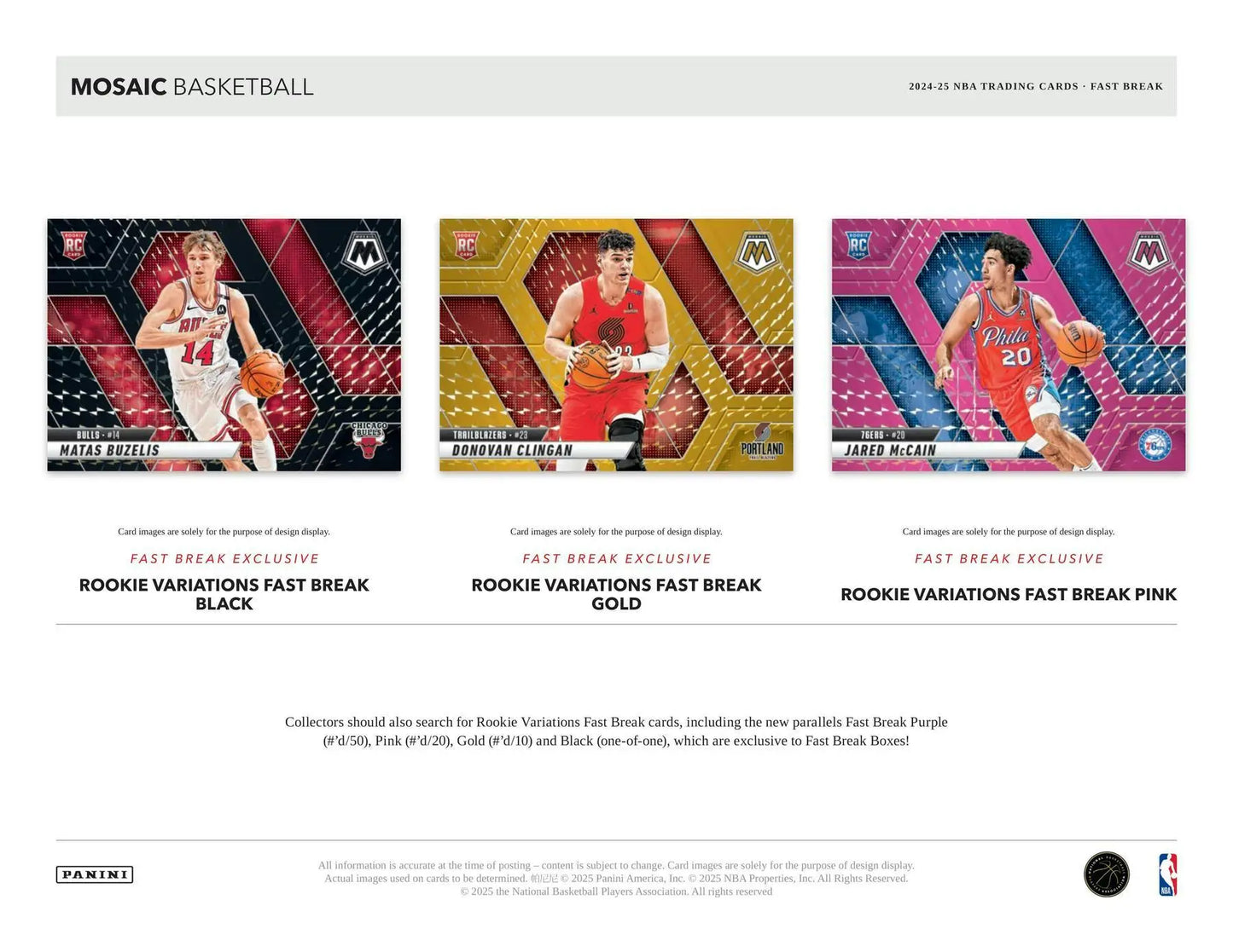 NBA trading card advertisement for 2024-25 Panini Mosaic Fast Break Box at Columbia Sports Cards