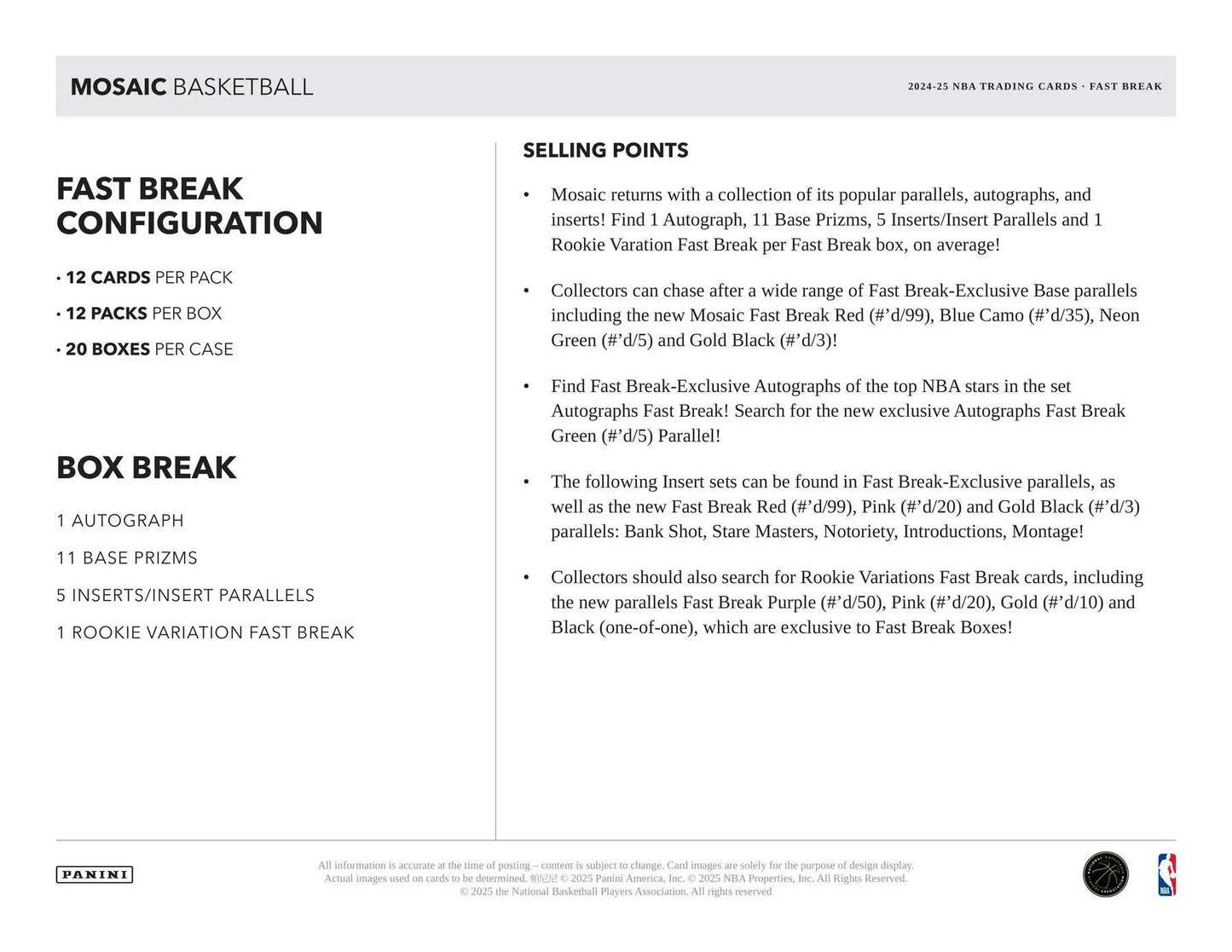 Fact sheet for Mosaic Fast Break Basketball cards in 2024-25 Panini Mosaic Fast Break Box