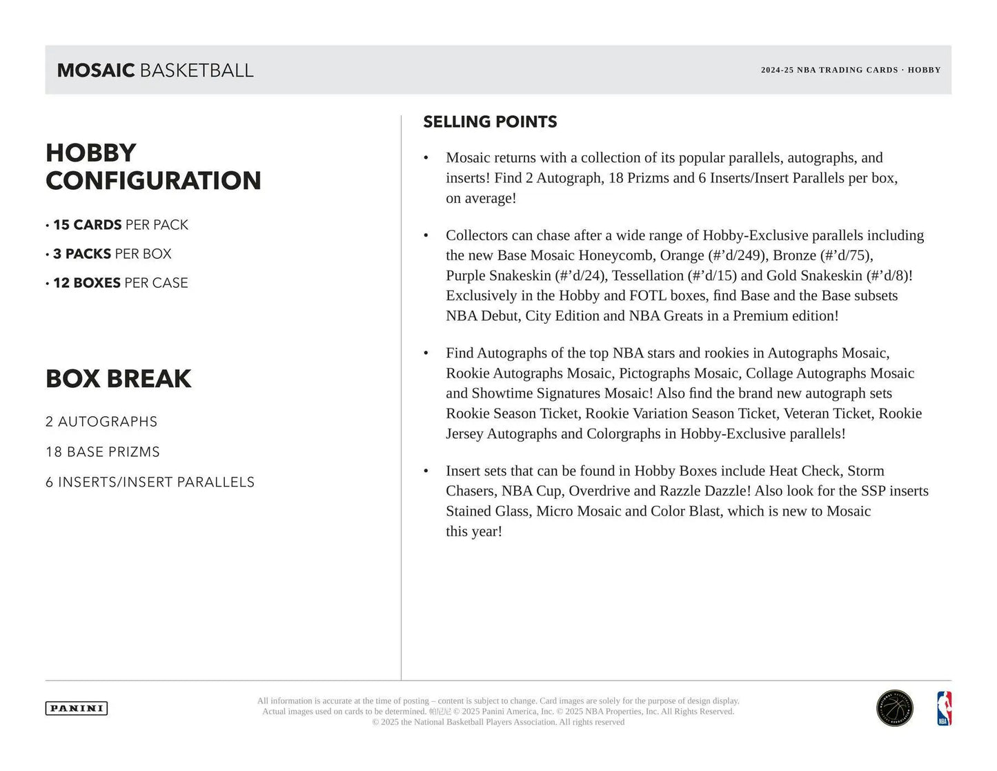 Mosaic Basketball Hobby Box details for 2024-25 Panini Mosaic Basketball at Columbia Sports Cards