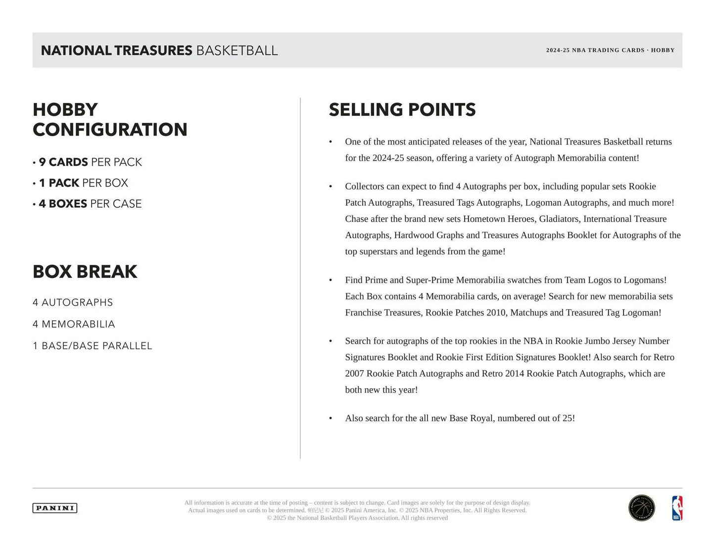 Product sheet for 2024/25 Panini National Treasures Basketball hobby box with four autographs