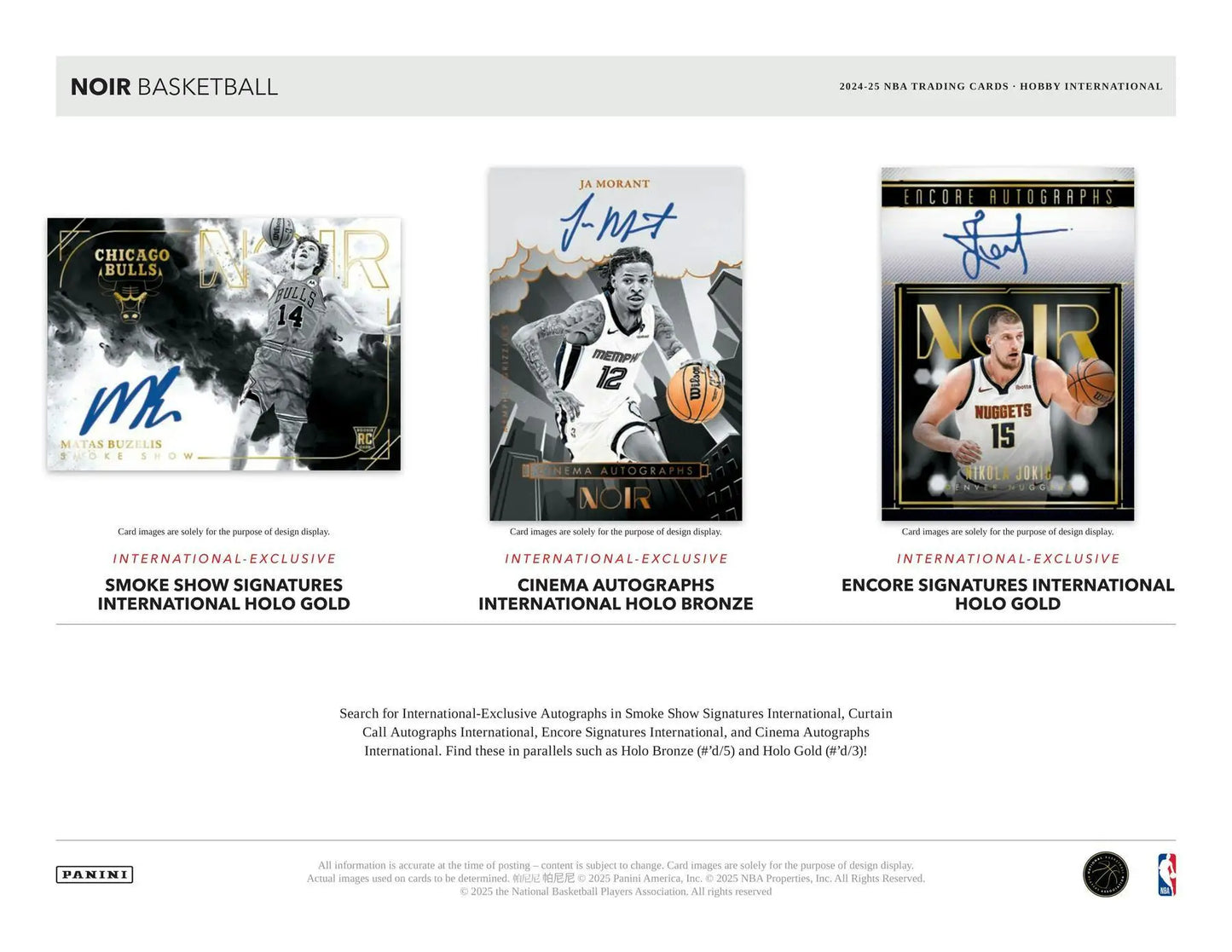 Promotional display of three unique Panini Noir Basketball trading cards with player autographs