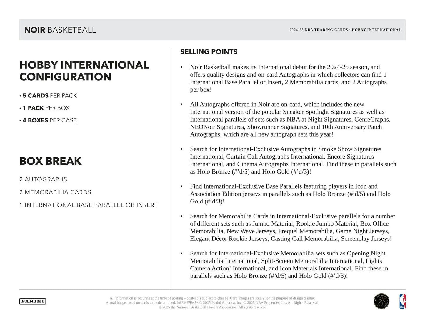 Product sheet showcasing Panini Noir Basketball International trading cards details