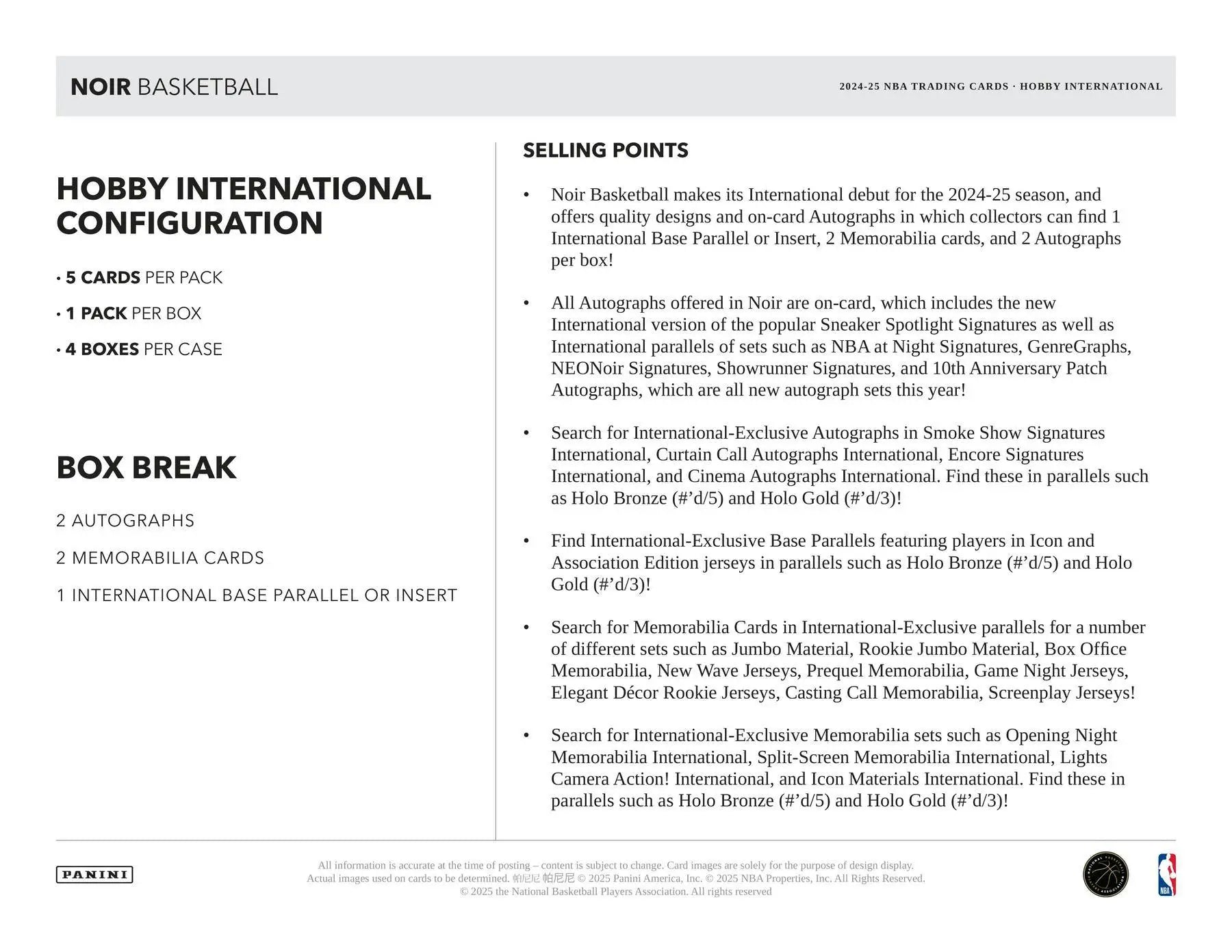 Product sheet showcasing Panini Noir Basketball International trading cards details