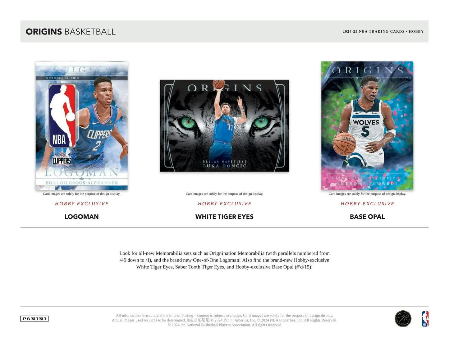 Basketball trading cards including Tiger Eyes SSP and Rookie Auto Booklet in 2024-25 Panini Origins Hobby Box