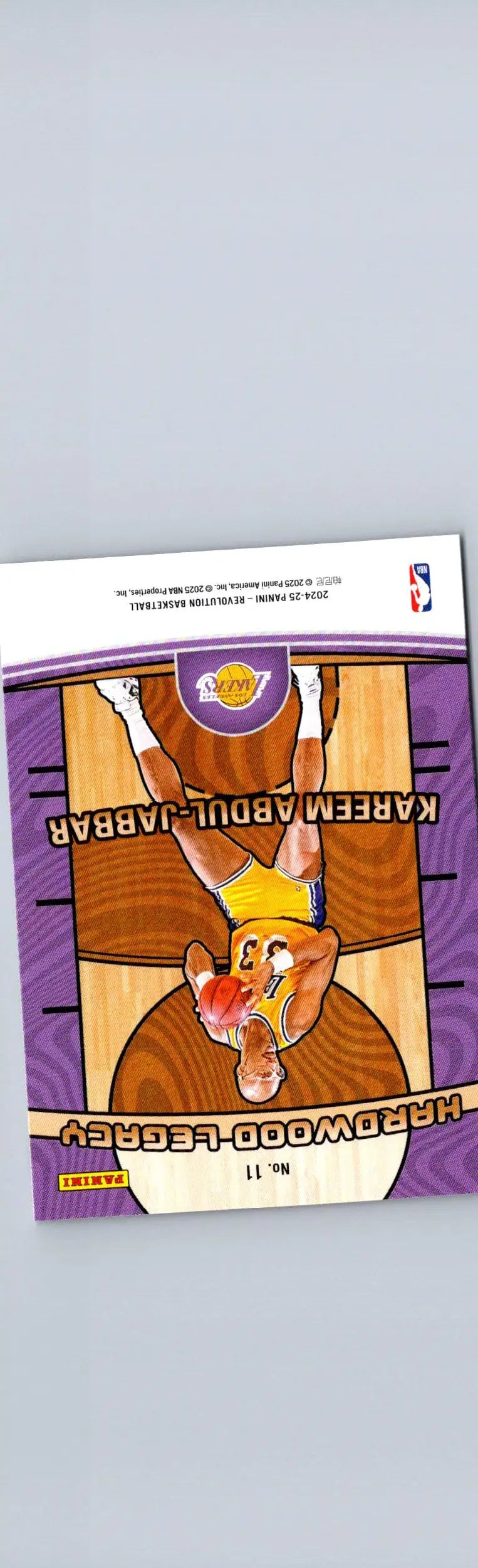 Purple and brown Kareem Abdul-Jabbar trading card from Panini Revolution Hardwood Legacy