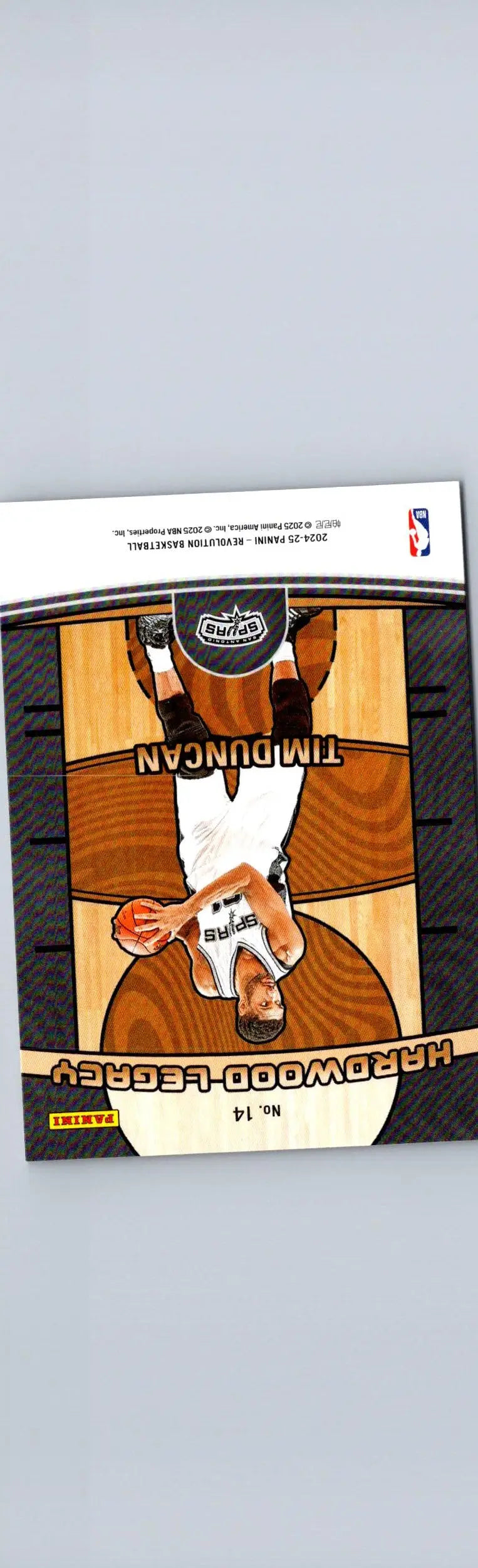Upside-down Tim Duncan basketball trading card with hardwood court design from Duncan Hardwood Legacy