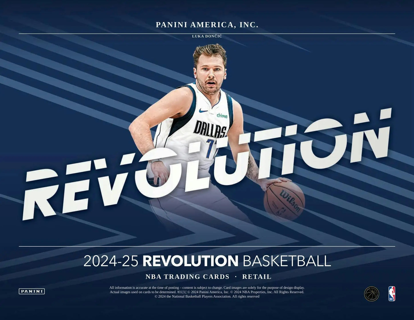 Promotional poster for 2024-25 Revolution NBA Trading Cards with Luka Doncic in Dallas Mavericks uniform featuring red astro, blue astro, and green astro accents