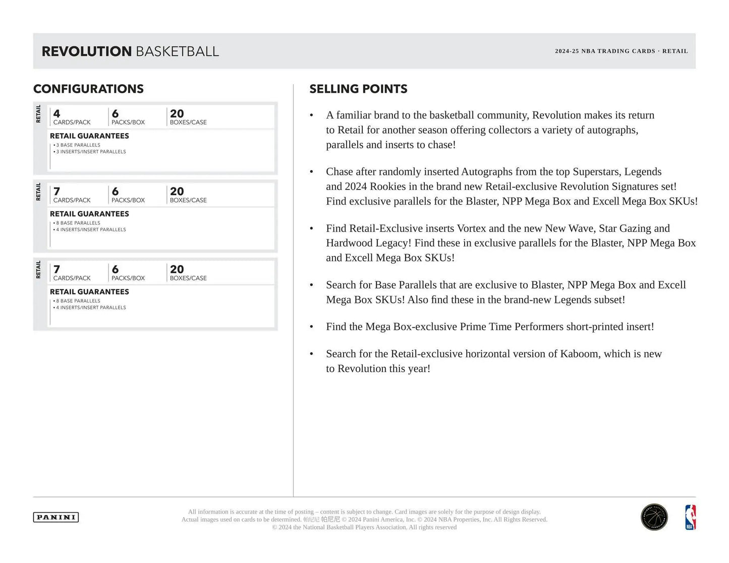 Promotional sheet for Revolution Basketball trading card configurations with red, blue, green astro options