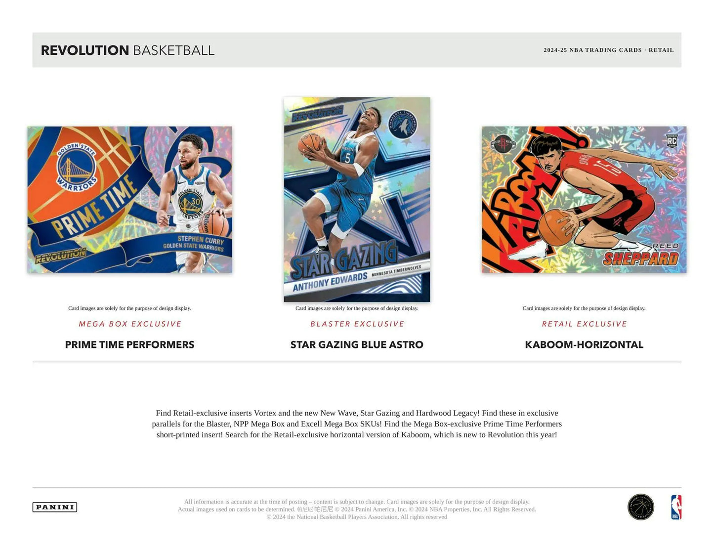 Promotional image for Revolution Basketball trading cards in 2024-25 Panini Revolution Box featuring red astro, blue astro, and green astro designs