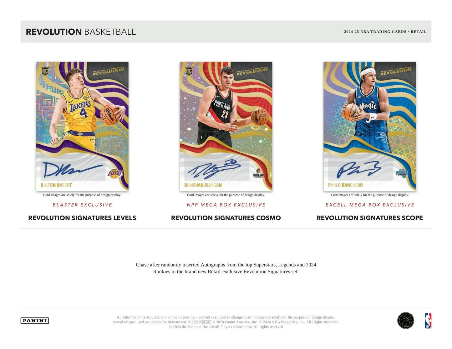 Three collectible basketball cards with autographs and unique designs in 2024-25 Panini Revolution Blaster Box