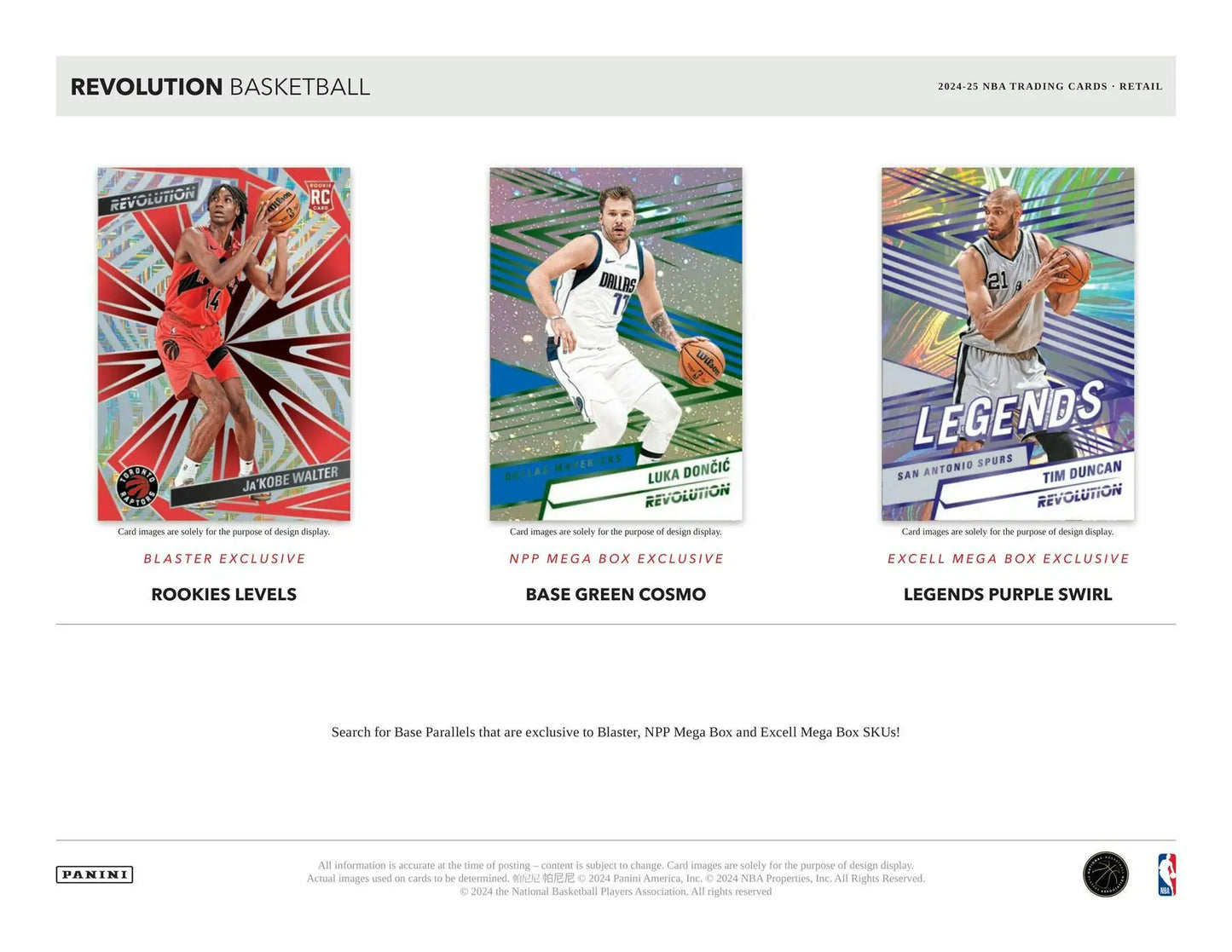 Promotional material for 2024-25 Panini Revolution Basketball trading cards with red, blue, and green astro accents