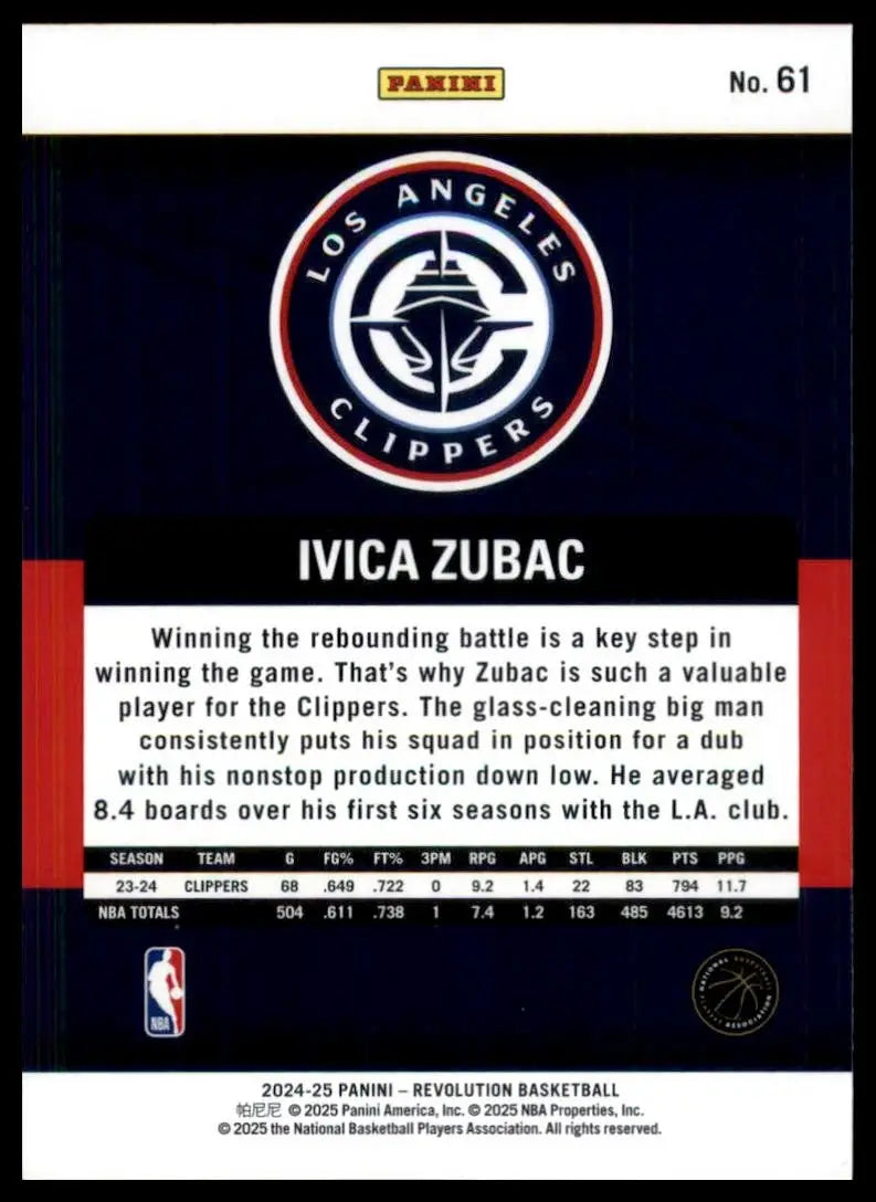 2024-25 Panini Revolution Ivica Zubac #61 Los Angeles Clippers Basketball Card - Basketball Card