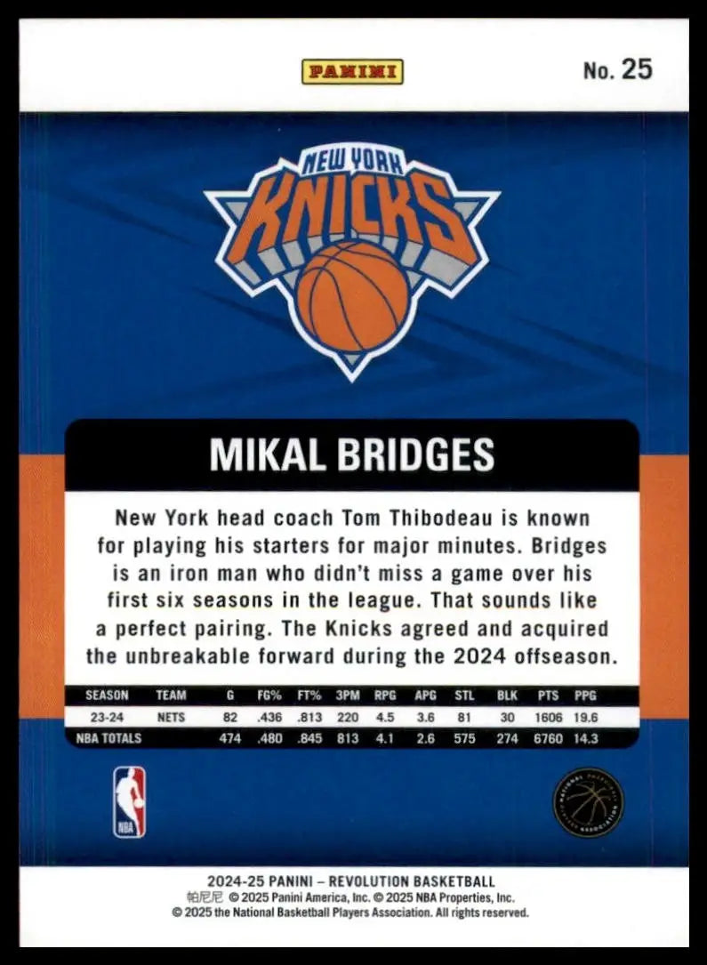 2024-25 Panini Revolution Mikal Bridges #25 New York Knicks Basketball Card NBA - Basketball Card