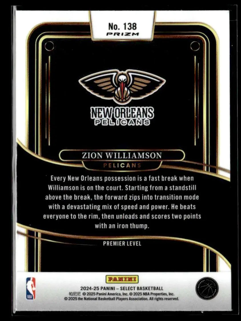 Zion Williamson basketball card from Panini Select Silver Prizm 2024-25 series