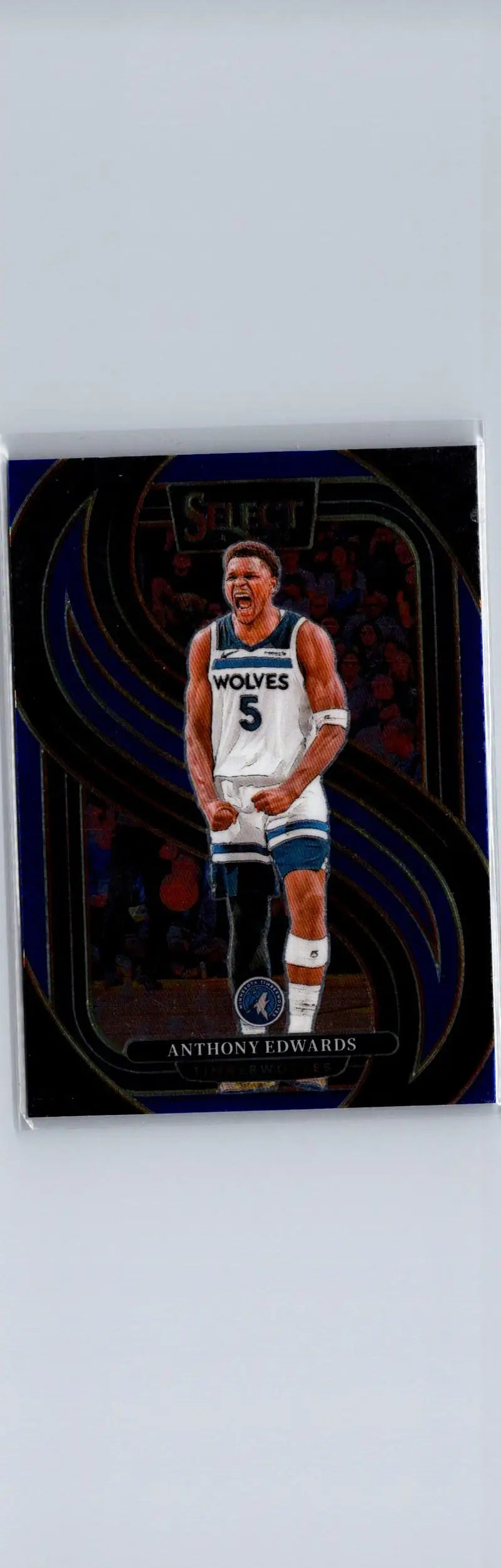 Basketball trading card of Anthony Edwards in Minnesota Timberwolves uniform with Edwards Blue Prizm background