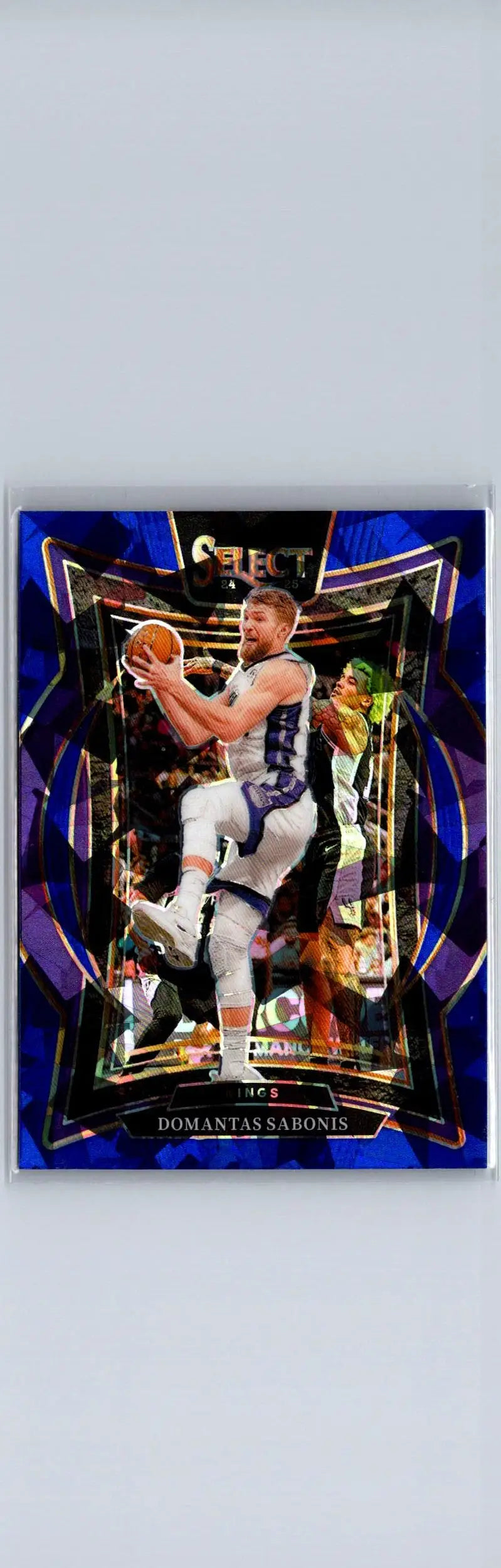 Domantas Sabonis blue cracked ice Prizm basketball trading card featuring player dribbling