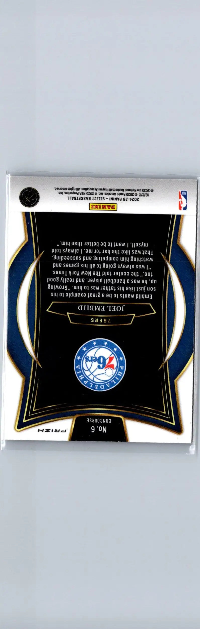 Back of 2024-25 Panini Select Joel Embiid Silver Prizm trading card featuring Embiid silver details